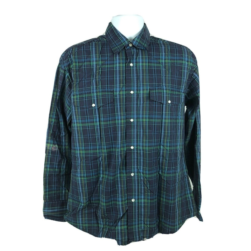 Wrangler‎ Western Shirt Men's Large Pearl Snaps Cowboy Rodeo Farm Ranch Blue L/S